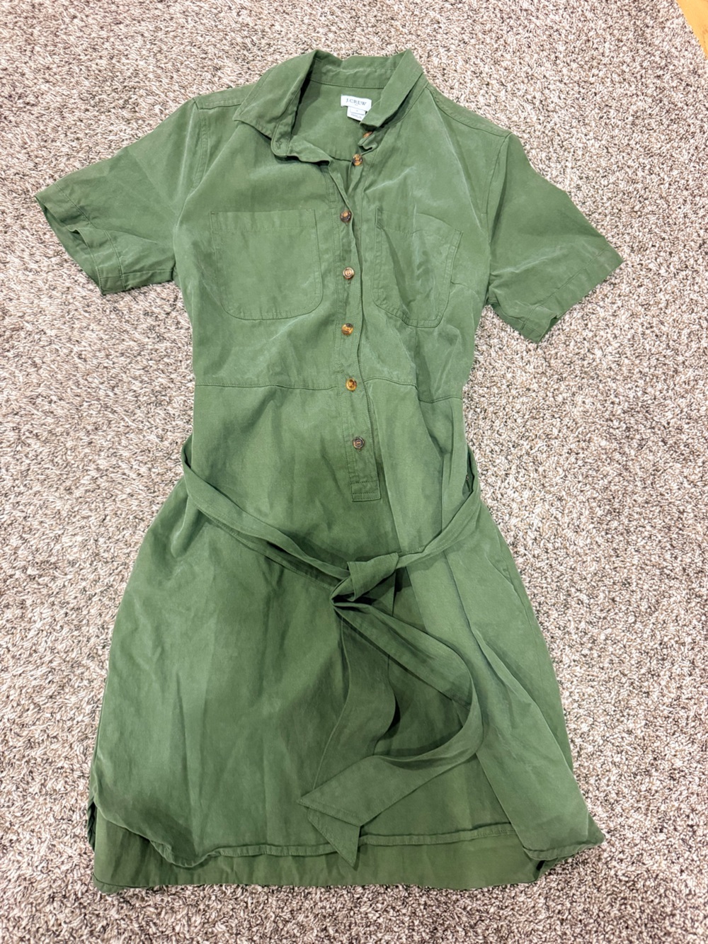 J. Crew Olive Green Short Sleeve Shirt Dress with Waist Tie